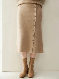 Damen 100% Kaschmir Röcke Büro Lady Herbst Winter Gestrickter Hoher Bund A-Linien-Rock Anmutiger Langer Warmer vorne offener Rock mit Knöpfen