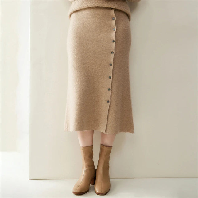 Women 100% Cashmere Skirts Office Lady Autumn Winter Knitted High Waist A-Skirt Graceful Long Warm front-open skirt with buttons PlatiNum