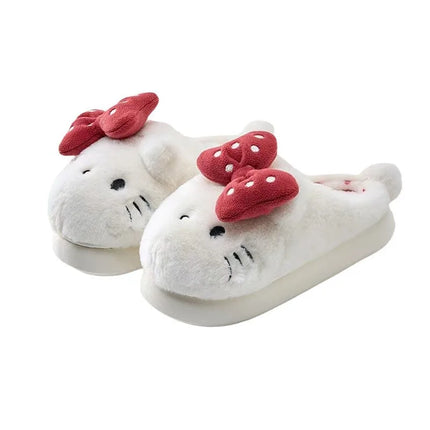 Hello Kitty Women Cute Cartoon Cat Plush Slippe Polka Dot Bow Fluffy Closed Back House Shoes Winter Warm Non Slip Soft Cozy