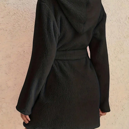 1 pezzo di vestaglia da donna con cappuccio in tinta unita con cintura, pigiama in pile accogliente e caldo per la casa in autunno e inverno.
