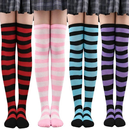 Calze alte alla coscia da donna a righe da donna nere bianche rosa lunghe sopra sopra calzini al ginocchio femboy Cosplay Lolita Harajuku Y2k