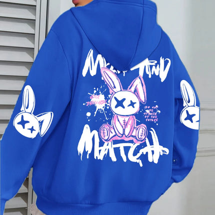 Mix And Match Cartoon Rabbit Prints Women Hoodie Pocket Streetwear Harajuku Loose Hoody All-Match Fleece Female Clothing