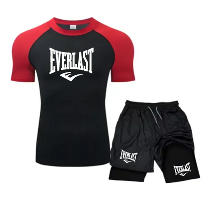 EVERLAST Camicia da Compressione da Uomo + Pantaloncini Sportivi 2 in 1 Set da 2 Pezzi per Il Tempo Libero Respiro Manica Corta Sport Jogging Palestra Marchio di Abbigliamento Stampa platinumshop