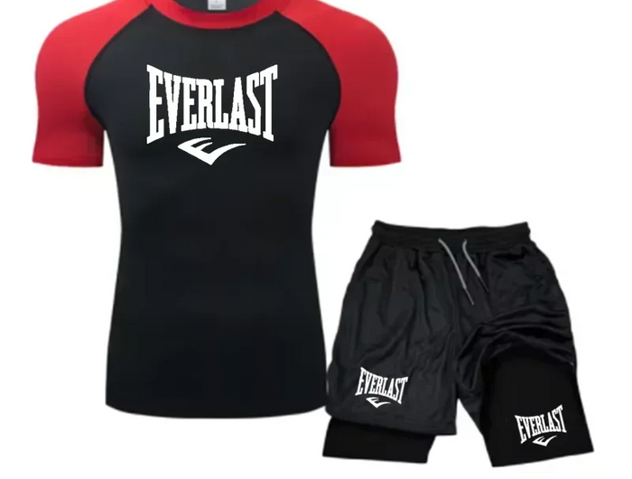 EVERLAST Camicia da Compressione da Uomo + Pantaloncini Sportivi 2 in 1 Set da 2 Pezzi per Il Tempo Libero Respiro Manica Corta Sport Jogging Palestra Marchio di Abbigliamento Stampa platinumshop