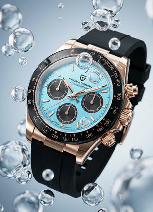 Nuovo Orologio da Uomo PAGANI DESIGN Cronografo di Lusso in Oro Rosa, Quadrante Blu Ghiaccio 40mm, Vetro Zaffiro, Impermeabile 100M, Cinturino in Gomma, Orologio Sportivo Maschile + CONFEZIONE REGALO