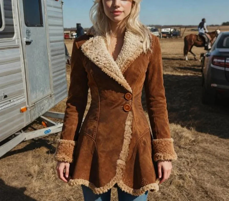 Women's Vintage Suede Coat Fur Collar Lapel  Beggar Style