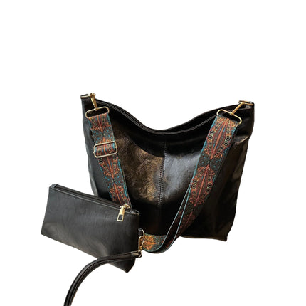 Borsa tote in morbida PU a 2 pezzi, grande capacità, stile bohémien, con tracolla larga, borsa a spalla e a mano, regalo di compleanno ideale
