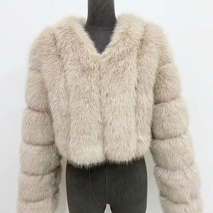 ZADORIN Luxury Cropped White Faux Fox Fur Coat Woman Clothing V Neck Long Sleeve Winter Fluffy Faux Fur Jacket Fur Coats Woman