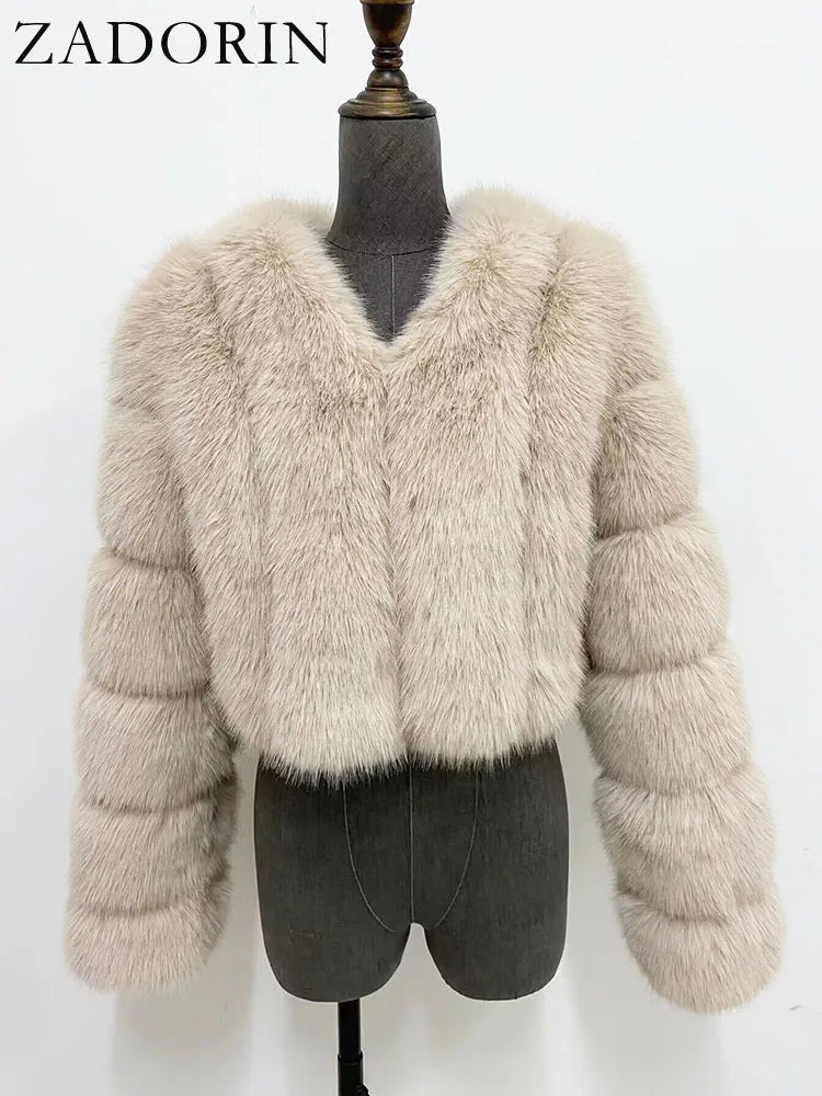 ZADORIN Luxury Cropped White Faux Fox Fur Coat Woman Clothing V Neck Long Sleeve Winter Fluffy Faux Fur Jacket Fur Coats Woman