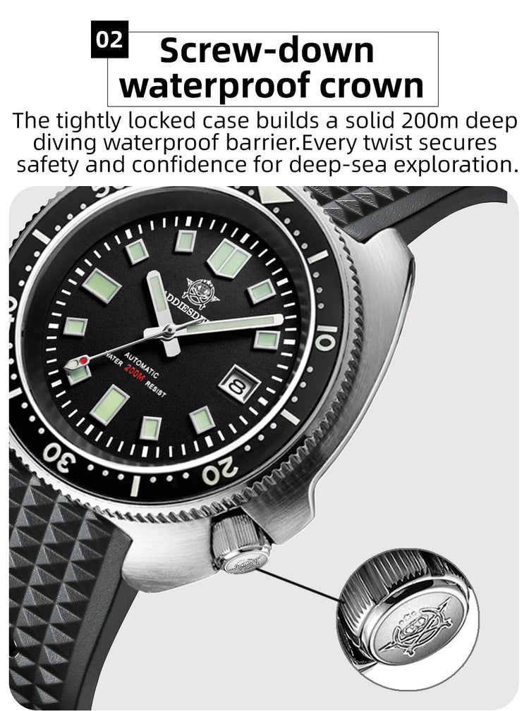 ADDIESDIVE Luxury Men's Automatic Watch Ceramic Bezel Sapphire Glass 200m Waterproof Ultra Bright Blue Luminous Diving Watch