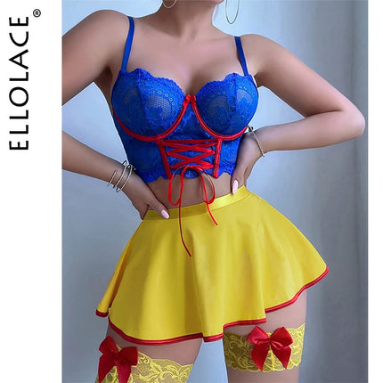Ellolace Halloween Women's Lingerie Sets Snow White Princess Cosplay Bra Thong Skirt 3PC Leg Circles Dopamine Roleplay Costume