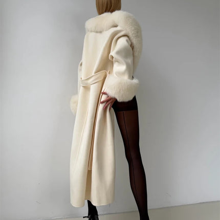 Women's Solid Color Lace Up Fur Collar Woolen Overcoat Bathrobe Style Long Loose Coat Advanced Atmosphere Autumn Winter Overwear
