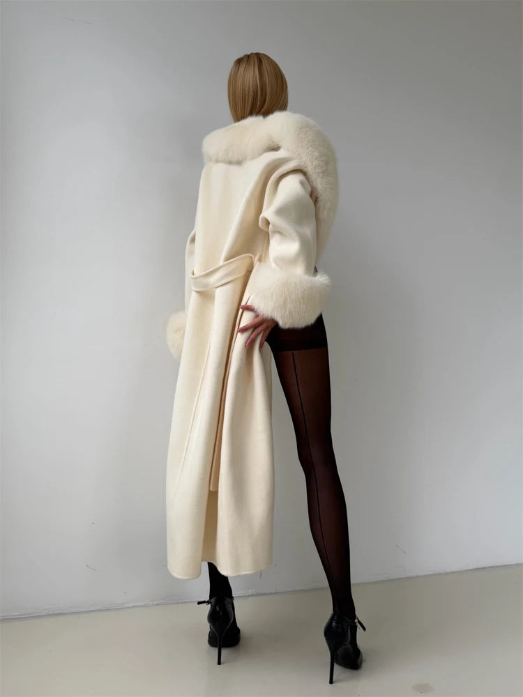 Women's Solid Color Lace Up Fur Collar Woolen Overcoat Bathrobe Style Long Loose Coat Advanced Atmosphere Autumn Winter Overwear