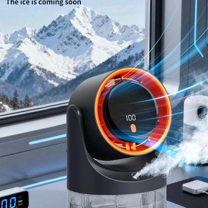 Ventilatore Nebulizzatore con Funzione Umidificatore 360° °   Ventilatore da tavolo regolabile con display LED 100 velocità 16 ° C Ice Fog Batteria da 1800mAh a Lunga Durata