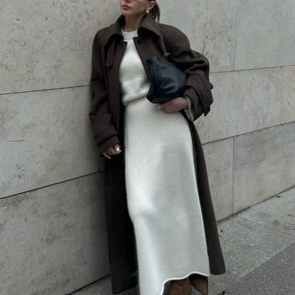 Women's Long Woolen Overcoats Stand Collar Single Breasted Lace Up Oversized Coat Autumn Winter Female Loose New Chic Outerwears