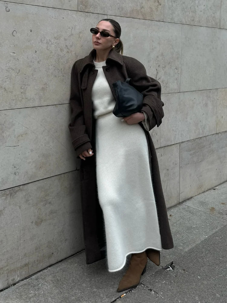 Women's Long Woolen Overcoats Stand Collar Single Breasted Lace Up Oversized Coat Autumn Winter Female Loose New Chic Outerwears