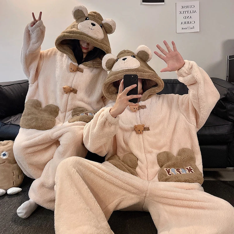 DAIMELU bear cartoon sleepwear long sleeved pajamas men winter thickened warm coral fleece flannel one-piece male loungewear set