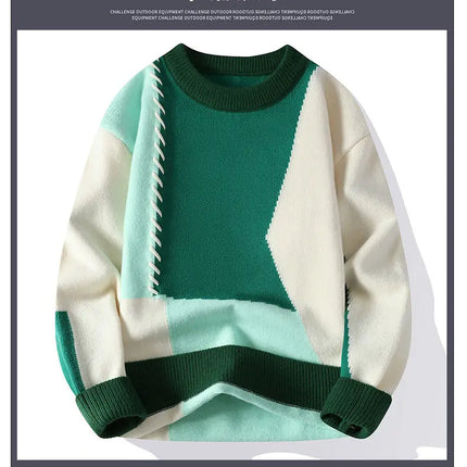 Autumn Winter Warm Mens Knitted Sweaters Fashion Patchwork O Neck Knit Pullovers Korean Streetwear Pullover Casual Mens Clothing