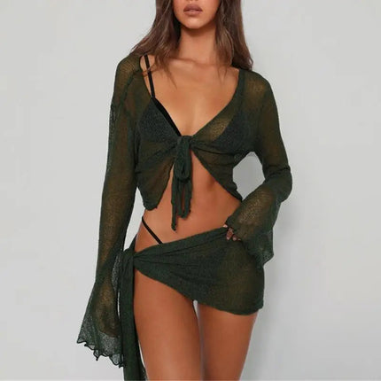 R7UF Costume da bagno da donna a maniche lunghe in rete trasparente 2 pezzi Copricostume da spiaggia Abito con fasciatura con platinumshop