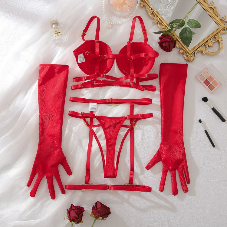 Women Lingerie Set Sexy Erotic Hollow Out Bra Luxury 4 Piece Set Exotic Fashion Sheer Bralette Panty Garter Passionate