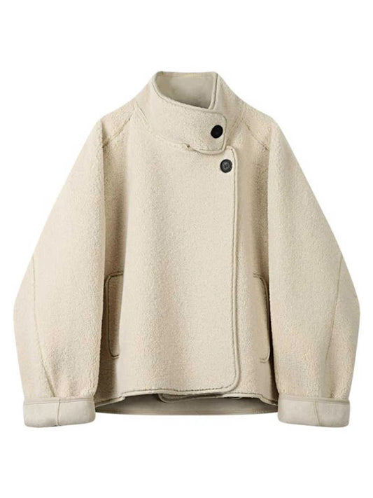 Women's Off White Lamb Wool Jacket Coat Harajuku Long Sleeve Teddy Coats Vintage Oversize Outerwear 2000s Clothes Winter Autumn