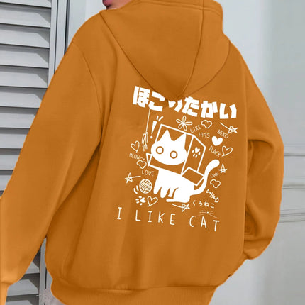 I Like Cat Heart Box Cat Print Women Hoody Autumn Fleece Hoodies Jogging Loose Streetwear Casual All-Match Female Hoodie