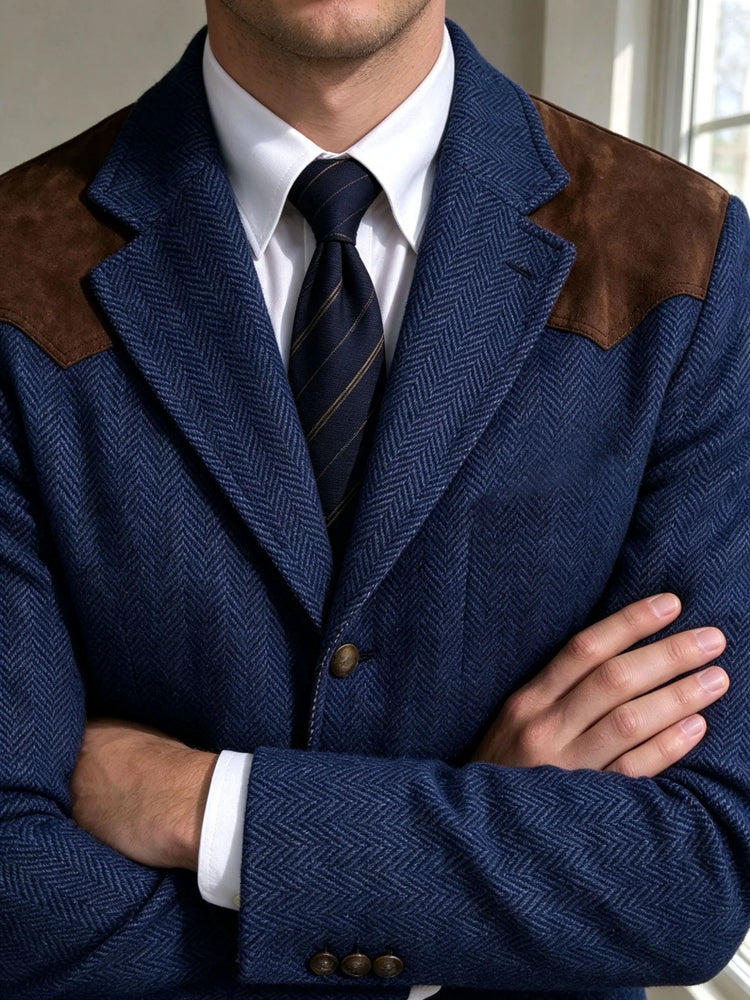 Herringbone Tweed Men's Blazer Jacket Wool Blend Suede Patch Shoulder Men's Sport Coat Business Casual Slim Fit For Oktoberfest