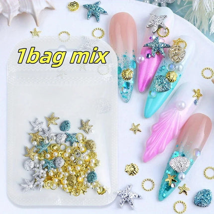 Ocean Starfish Shell Nail Charms Golden Silver Metal Nail Art Decoration 3D Nail Rivet Metallic Slice DIY Manicure Nail PartsY2K