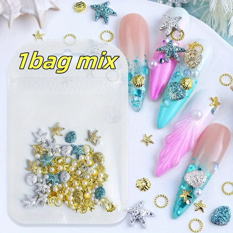 Ocean Starfish Shell Nail Charms Golden Silver Metal Nail Art Decoration 3D Nail Rivet Metallic Slice DIY Manicure Nail PartsY2K