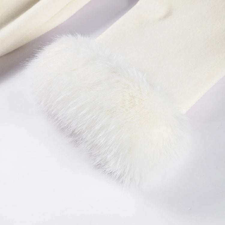 White Fur Patchwork Lace-up Overcoats Women's Street V-neck Full Sleeve Long Woolen Coat 2025 Winter New Ladies Thick Outwear