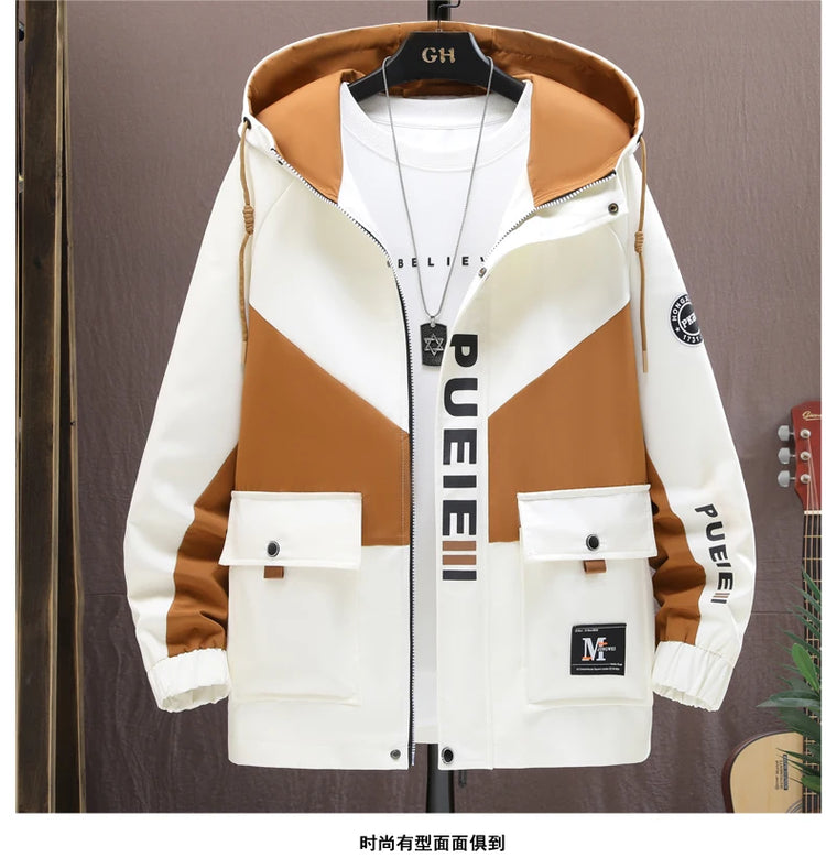 Fashion Men's Hooded Jackets 2026 Spring Autumn Youth High Streetwear Loose Casual Coat Outdoor Zipper Windbreaker Tops Clothing