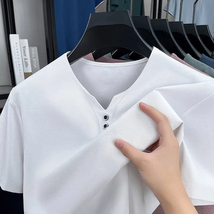 New Men's Casual and Fashionable Three Button V-neck Solid Color Short Sleeved T-shirt Summer Versatile Top PlatiNum