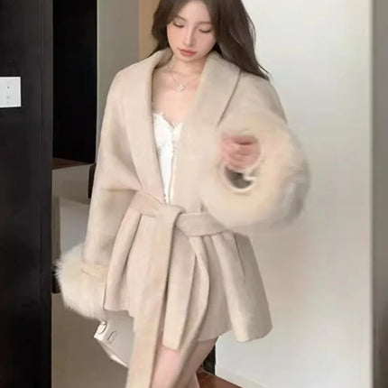 Coats for Women Autumn Winter New Elegant Long Sleeves V Neck Lace Up Woolen Coat Korean Fashion Casual Loose Street Trends Coat
