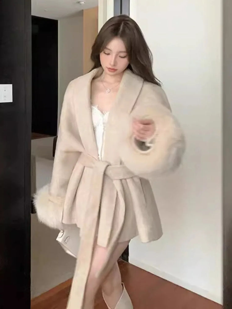 Coats for Women Autumn Winter New Elegant Long Sleeves V Neck Lace Up Woolen Coat Korean Fashion Casual Loose Street Trends Coat