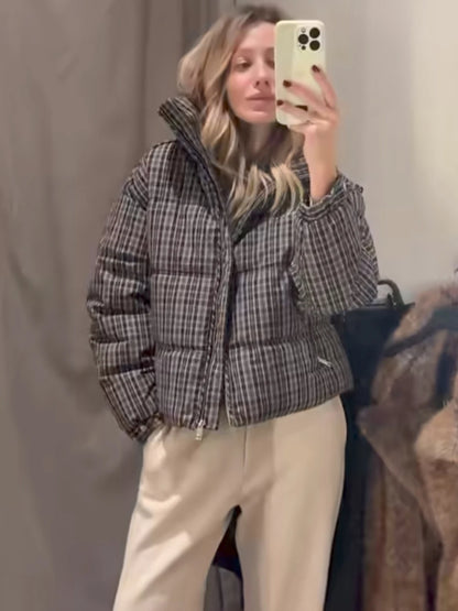 Elegant Chic Women Plaid Puffer Anorak with Adjustable Hem High Neck and Long Sleeves Zippered Coats Winter Brown Padded Jackets