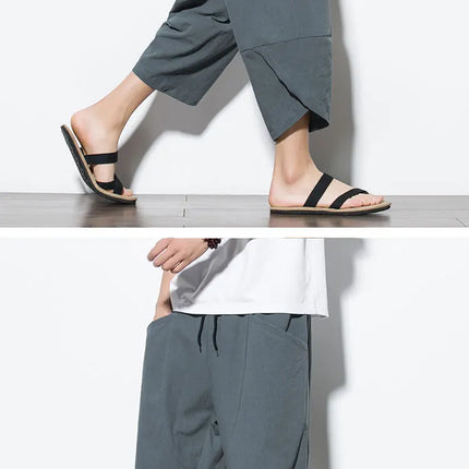 Pantaloni Estivi da Uomo 2026 Stile Cinese in Cotone e Lino, Pantaloni Harem Traspiranti da Spiaggia, Pantaloni Casual a Tre Quarti, Streetwear