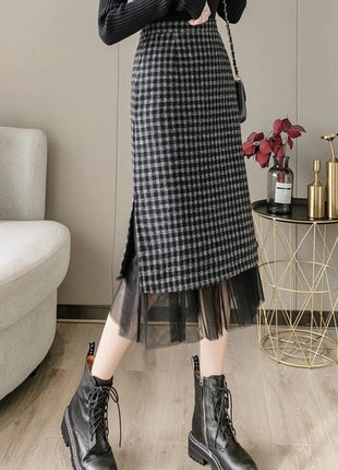 Woolen plaid skirt autumn and winter 2025 new plaid foreign style small man a word hip wrap medium and long skirt PlatiNum