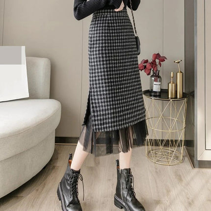 Woolen plaid skirt autumn and winter 2025 new plaid foreign style small man a word hip wrap medium and long skirt PlatiNum