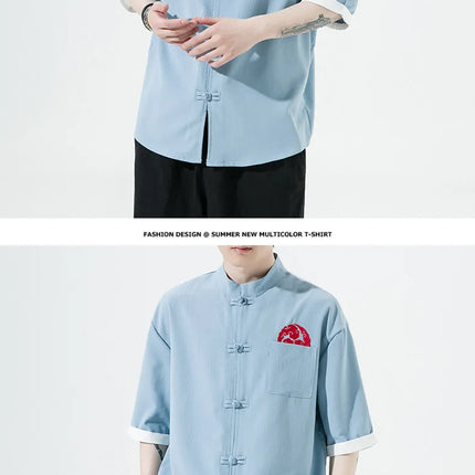 Camicie Retrò da Uomo Ricamate Stile Kung Fu Tai Chi, Camicie Casual a Maniche Corte, Stile Cinese in Lino Traspirante e Cotone per Uomo