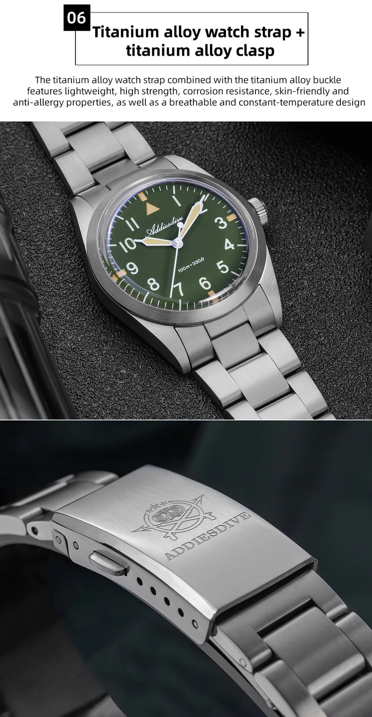 ADDIESDIVE 36mm Men's Luxury Watch VH31 Titanium Alloy  Watch Super Luminous 100m Waterproof Men's Luminous Quartz Watches
