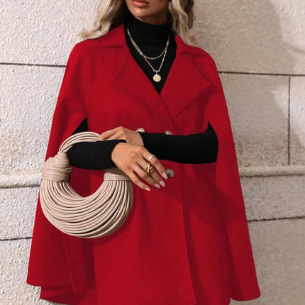 Ladies Mid Length Cape Coat Round Neck Double Breasted Metal Buttons Sleeveless Loose Cloak Outer Jacket For Party
