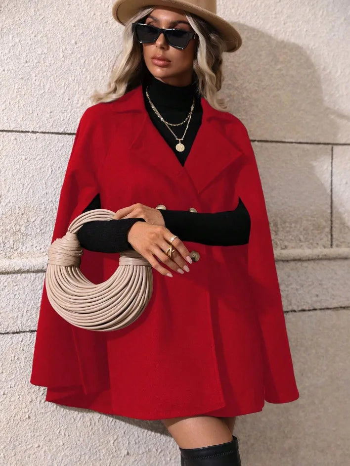 Ladies Mid Length Cape Coat Round Neck Double Breasted Metal Buttons Sleeveless Loose Cloak Outer Jacket For Party