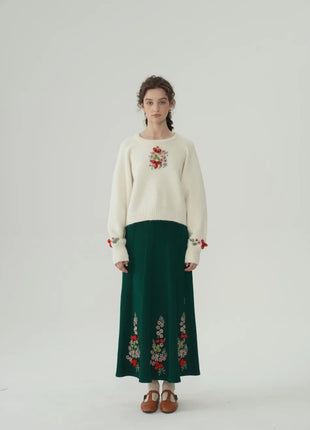 62-96cm Waist Fall Winter Long Skirts Women Elegant Handmade Embriodery Crochet Red Fruit Cashmere Wool Knitted Emerald Skirts PlatiNum