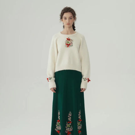 62-96cm Waist Fall Winter Long Skirts Women Elegant Handmade Embriodery Crochet Red Fruit Cashmere Wool Knitted Emerald Skirts PlatiNum