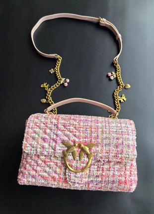 Nuova Borsa a Tracolla/Crossbody da Donna 2026 Ispirata a Pinko in Tweed con Cigno, in Vera Pelle