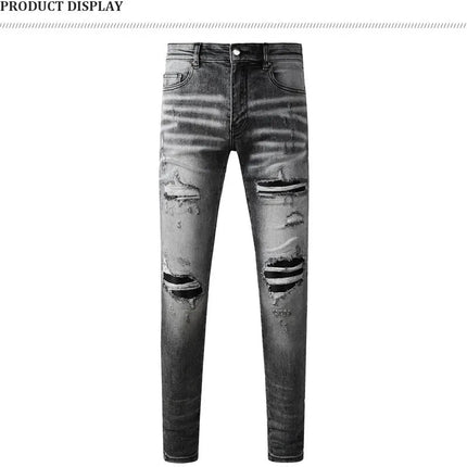 Street Designer Fashion Men Jeans Retro Gray Stretch Skinny Fit Patched Ripped Jeans Men Brand Hip Hop Y2K Denim Pants Hombre PlatiNum