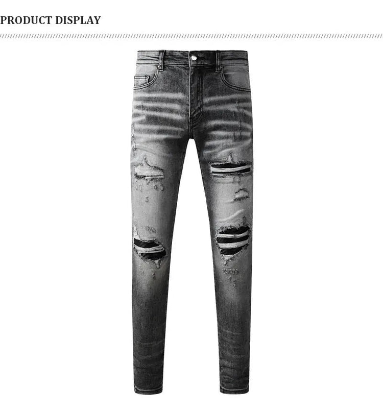 Street Designer Fashion Men Jeans Retro Gray Stretch Skinny Fit Patched Ripped Jeans Men Brand Hip Hop Y2K Denim Pants Hombre PlatiNum