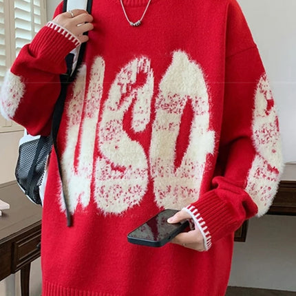 2025 New Letter Jacquard O-Neck Knitwear Men's American Fashion Retro Knitted Sweater Autumn Hip Hop Long Sleeve Y2K Pullovers