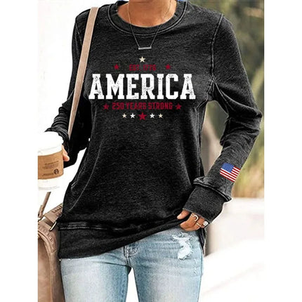 ilstile Women's America 250 Years Print Hoodies Autumn Outdoor Long Sleeve Casual Loose Round Neck Sports Sweatshirts Hot Sale