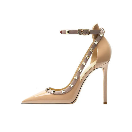 Sandali da donna primavera estate con rivetti Scarpe singole da donna con punta coperta e tacco alto Scarpe eleganti eleganti con cinturino alla caviglia platinumshop